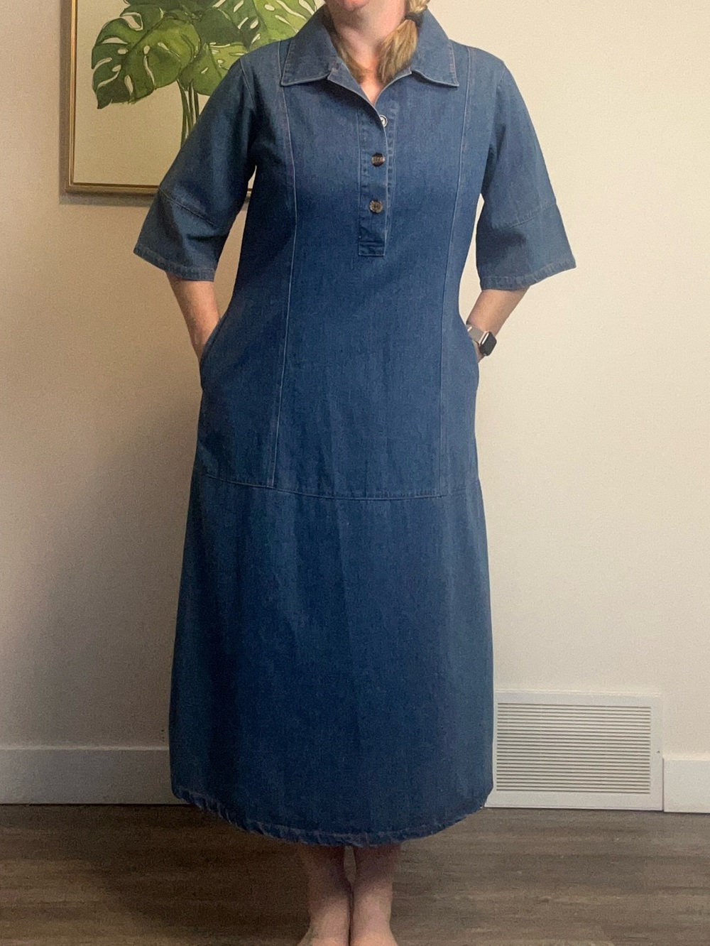 Solitaire Denim Maxi Dress | Vintage Boho Prairie Western Button Front Dress |